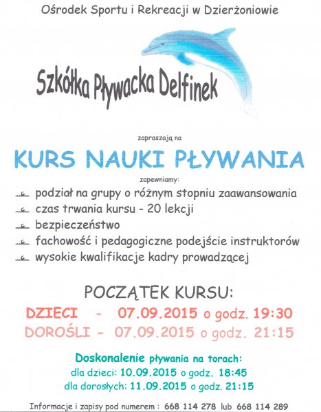 Plakat szkółki pływackiej Delfinek