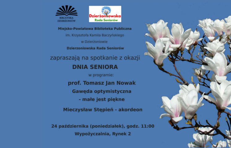 Miejsko-Powiatowa Biblioteka Publiczna wraz z Dzierżoniowską Radą Seniorów zapraszają 24 października na spotkanie z okazji Dnia Seniora. Odbędzie się ono 24 października o godz. 11.00 w Wypożyczalni (Rynek 2).