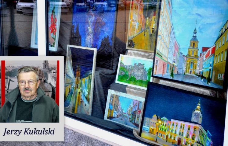 W 2015 r. oglądaliśmy w Oknie Artystycznym dzierżoniowskiego ratusza jego pejzaże i portrety, w 2017 głównie kwiaty. Dziś prezentujemy architekturę w malarstwie Jerzego Kukulskiego, dzierżoniowianina, który sam siebie nazywa malarzem poszukującym. Tym razem sięgnął po wiedzę na temat perspektywy i wziął na warsztat budynki i miejski krajobraz.